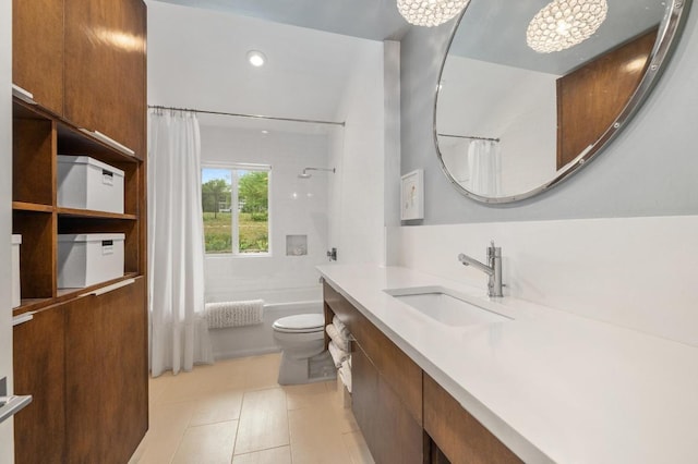 bathroom with tile patterned flooring, vanity, toilet, shower / bathtub combination with curtain, and recessed lighting