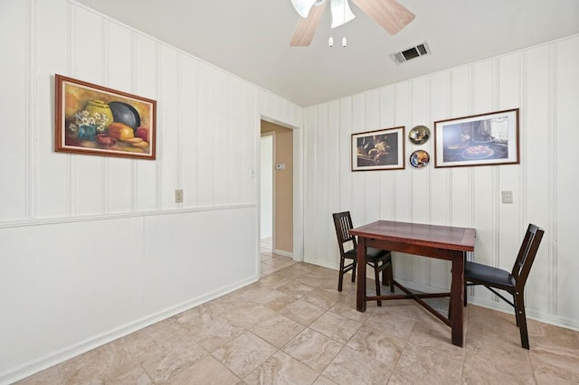 dining area featuring a ceiling fan and visible vents