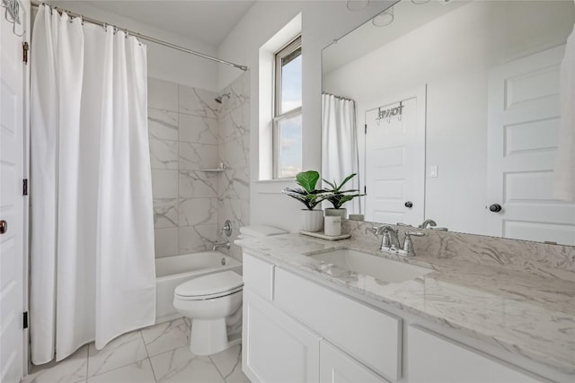 full bathroom with vanity, shower / bathtub combination with curtain, toilet, and marble finish floor