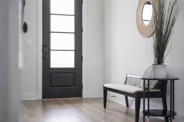 doorway to outside with baseboards, wood finished floors, and a wealth of natural light