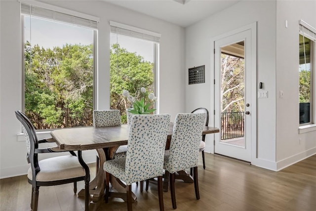 dining area with a healthy amount of sunlight, baseboards, and wood finished floors