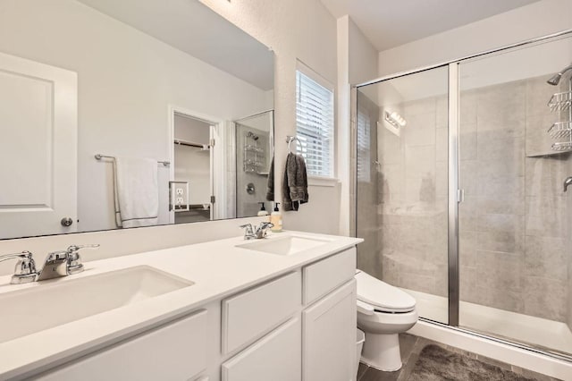 full bathroom featuring toilet, a shower stall, and a sink