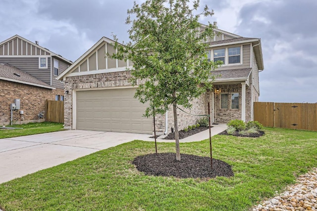 view of front facade featuring a front lawn, fence, brick siding, concrete driveway, and an attached garage