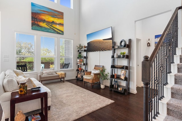 173 Venti Cv, Georgetown, TX 78628 - living area featuring stairway, baseboards, a high ceiling, and wood finished floors