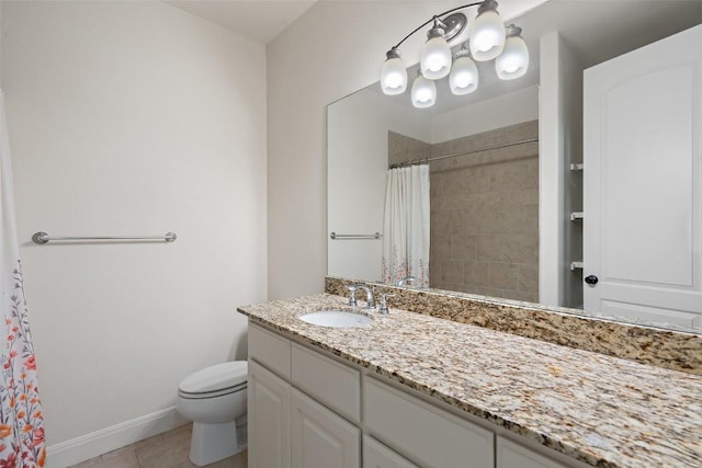 bathroom featuring vanity, toilet, tile patterned floors, baseboards, and curtained shower