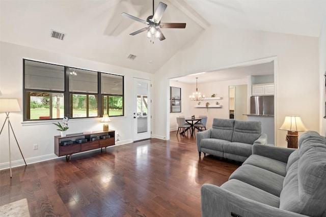 living room with visible vents, wood finished floors, beam ceiling, high vaulted ceiling, and ceiling fan with notable chandelier