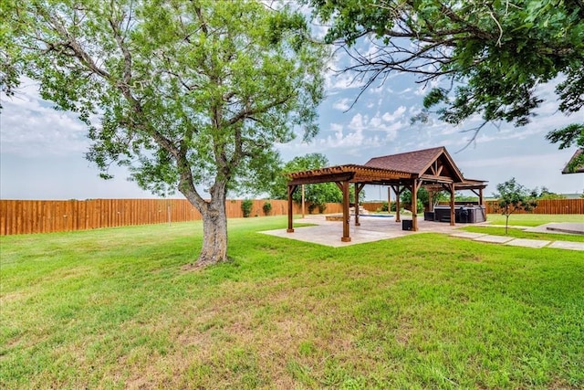 view of property's community featuring a hot tub, a patio, a fenced backyard, and a lawn