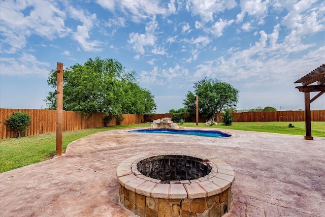 view of pool with an outdoor fire pit, a fenced in pool, a fenced backyard, a patio area, and a yard