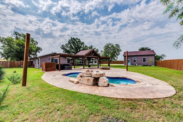 view of swimming pool with a fenced backyard, a patio, a gazebo, and an outdoor fire pit