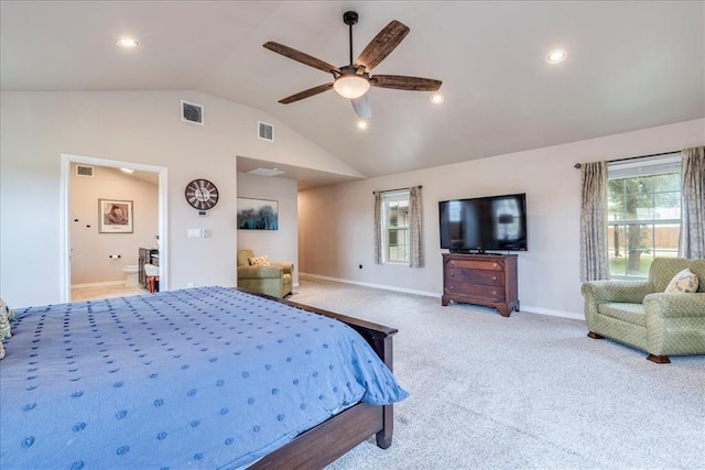 bedroom with carpet floors, baseboards, visible vents, and vaulted ceiling