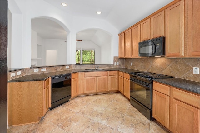 813 Westbury Ln, Georgetown, TX 78633 - kitchen featuring black appliances, vaulted ceiling, decorative backsplash, a sink, and recessed lighting