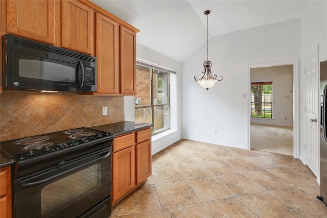 813 Westbury Ln, Georgetown, TX 78633 - kitchen featuring black appliances, lofted ceiling, decorative backsplash, brown cabinetry, and decorative light fixtures