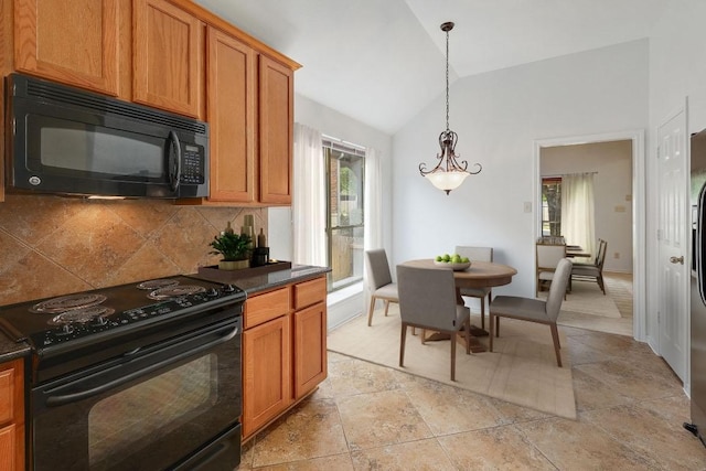 813 Westbury Ln, Georgetown, TX 78633 - kitchen with black appliances, vaulted ceiling, backsplash, dark countertops, and brown cabinetry