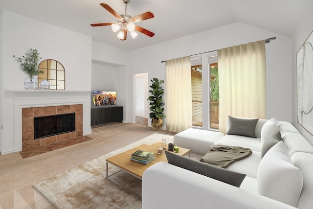 813 Westbury Ln, Georgetown, TX 78633 - carpeted living area featuring a ceiling fan, a fireplace, and lofted ceiling