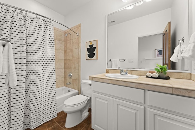 bathroom featuring vanity, toilet, tile patterned floors, shower / bath combination with curtain, and visible vents
