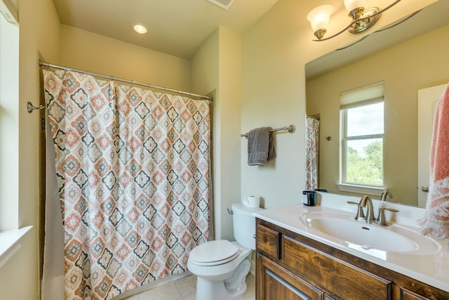 4101 Front Range Ln, Austin, TX 78732 - bathroom featuring vanity, a shower with shower curtain, tile patterned floors, and toilet
