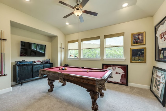 4101 Front Range Ln, Austin, TX 78732 - game room featuring billiards, ceiling fan, light colored carpet, baseboards, and recessed lighting