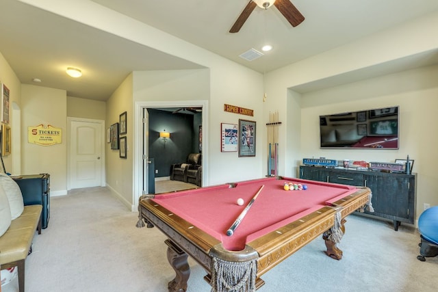 4101 Front Range Ln, Austin, TX 78732 - recreation room with billiards, visible vents, ceiling fan, and light colored carpet