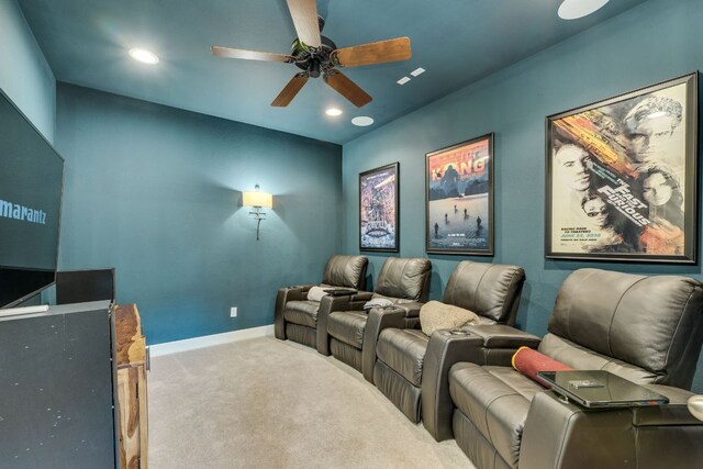 4101 Front Range Ln, Austin, TX 78732 - home theater featuring carpet floors, baseboards, a ceiling fan, and recessed lighting