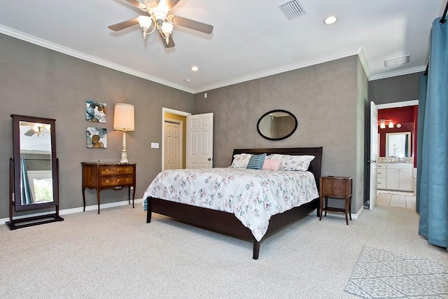 bedroom with carpet floors, baseboards, ornamental molding, and visible vents