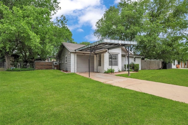 single story home with concrete driveway, fence, a front yard, and a garage
