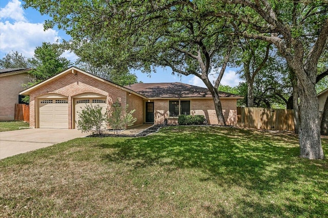 ranch-style home featuring a garage, brick siding, fence, a front lawn, and concrete driveway