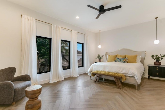 bedroom with recessed lighting, baseboards, and ceiling fan