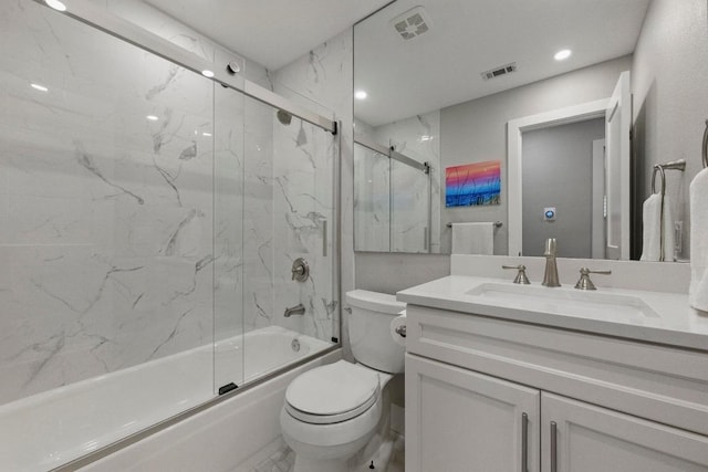 7421 Ponoma Trl, Austin, TX 78749 - bathroom with shower / bath combination with glass door, vanity, toilet, recessed lighting, and visible vents