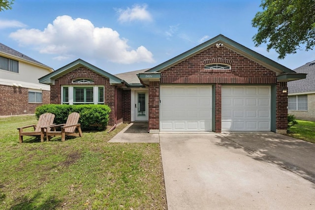7421 Ponoma Trl, Austin, TX 78749 - ranch-style house featuring concrete driveway, brick siding, a front yard, and a garage