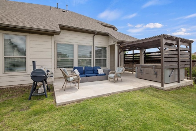 back of house with an outdoor living space, a lawn, a patio, a pergola, and a shingled roof