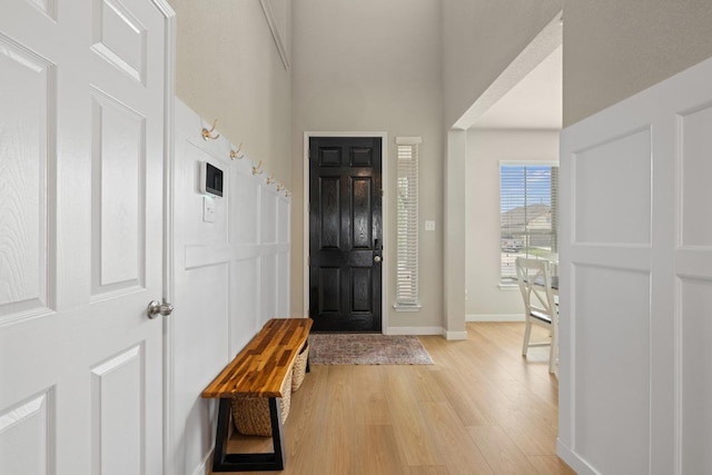 entrance foyer featuring light wood-type flooring, baseboards, and a high ceiling