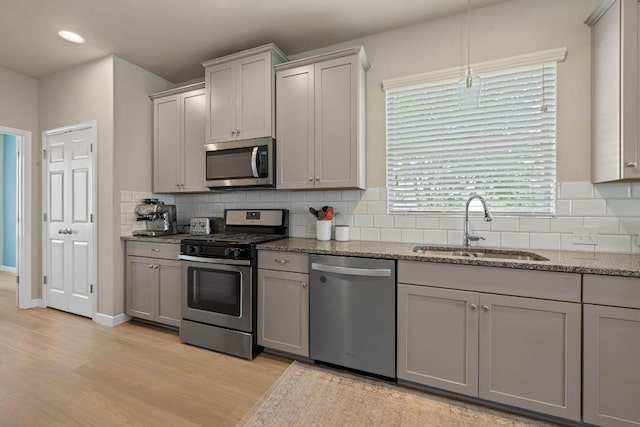kitchen featuring a sink, gray cabinets, appliances with stainless steel finishes, and backsplash