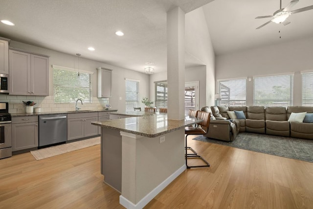kitchen with stainless steel appliances, open floor plan, and gray cabinets