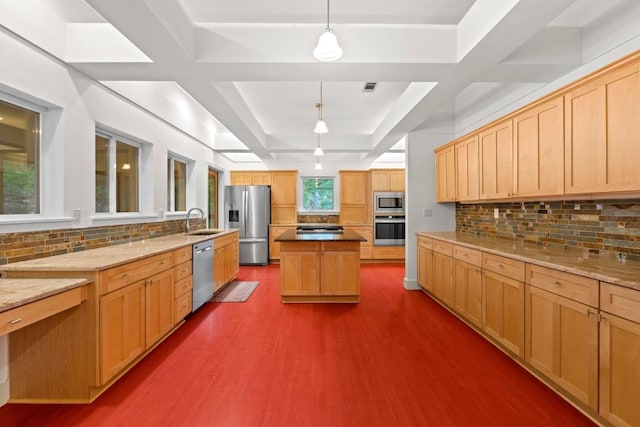 3800 Laurel Ledge Ln, Austin, TX 78731 - kitchen featuring stainless steel appliances, dark wood-type flooring, a raised ceiling, tasteful backsplash, and a kitchen island
