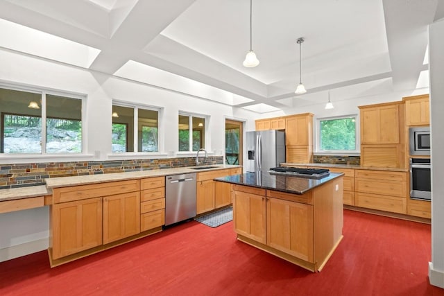 3800 Laurel Ledge Ln, Austin, TX 78731 - kitchen with appliances with stainless steel finishes, a sink, backsplash, and coffered ceiling