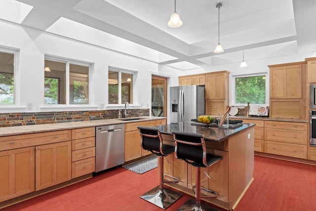 3800 Laurel Ledge Ln, Austin, TX 78731 - kitchen featuring stainless steel appliances, tasteful backsplash, dark wood-style flooring, dark stone countertops, and a sink