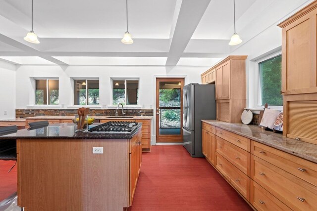 3800 Laurel Ledge Ln, Austin, TX 78731 - kitchen with appliances with stainless steel finishes, tasteful backsplash, plenty of natural light, coffered ceiling, and beamed ceiling