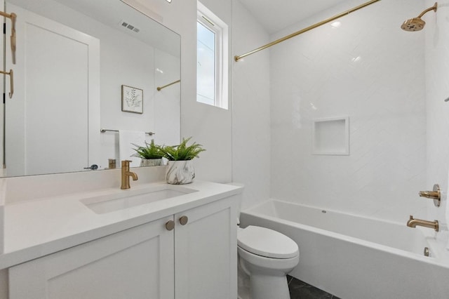 full bath featuring vanity, shower / bathing tub combination, toilet, and visible vents