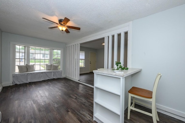 7103 Howerington Cir, Austin, TX 78724 - unfurnished dining area featuring a ceiling fan, a textured ceiling, dark wood-type flooring, and baseboards