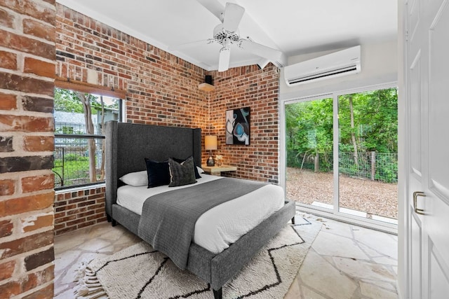 bedroom with brick wall, stone tile flooring, access to exterior, and a wall mounted air conditioner