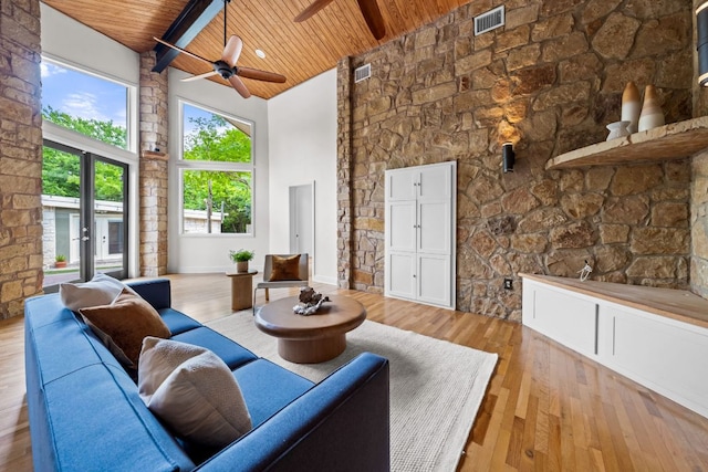 living room with visible vents, a ceiling fan, wood ceiling, and high vaulted ceiling