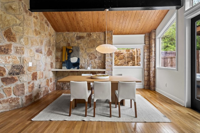 dining area with wood-type flooring, baseboards, lofted ceiling with beams, and wood ceiling