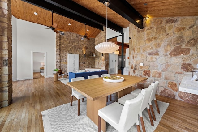 dining room with ceiling fan, wooden ceiling, high vaulted ceiling, beamed ceiling, and wood-type flooring