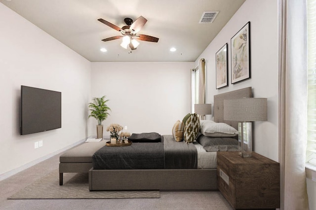 bedroom featuring visible vents, recessed lighting, ceiling fan, and carpet floors