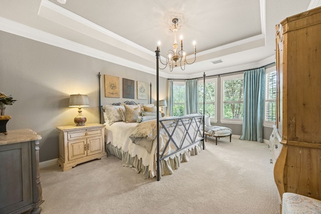 103 Maddy Way, Austin, TX 78738 - bedroom with a raised ceiling, a chandelier, light carpet, ornamental molding, and multiple windows