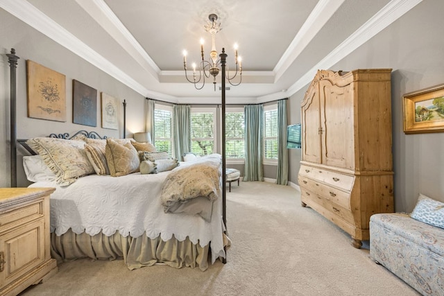 103 Maddy Way, Austin, TX 78738 - bedroom with a chandelier, light carpet, a tray ceiling, and crown molding
