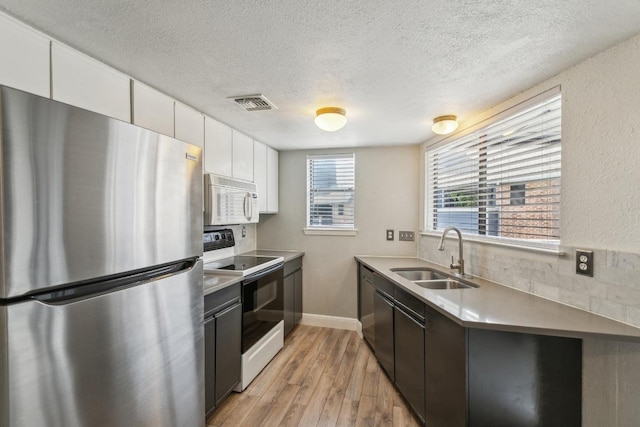 2500 Burleson Rd Unit 321, Austin, TX 78741 - kitchen with electric range, a sink, light wood finished floors, freestanding refrigerator, and white microwave