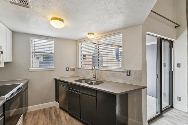 kitchen with baseboards, dishwashing machine, a sink, light wood-style flooring, and range with electric cooktop