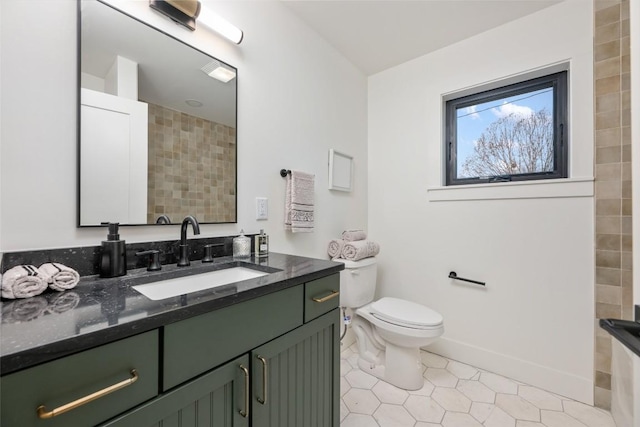 full bathroom with a bathtub, walk in shower, tile patterned floors, vanity, and toilet
