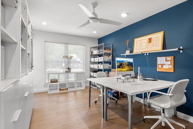 home office featuring baseboards, a ceiling fan, wood finished floors, and recessed lighting